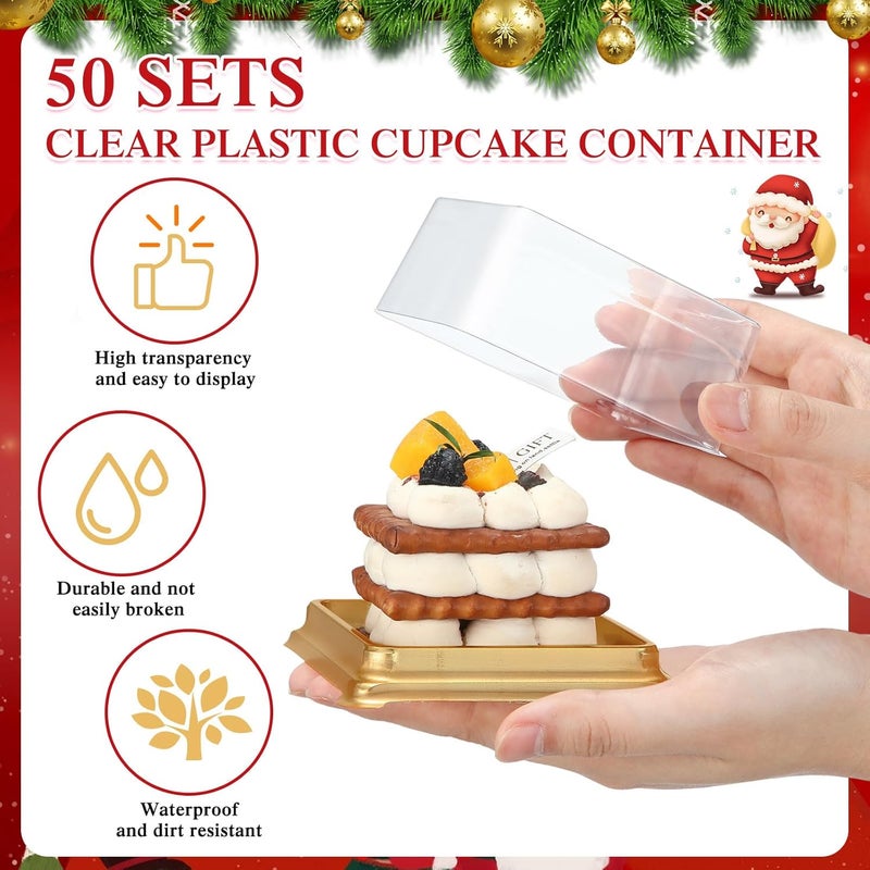 Maxdot 300 Pcs/50 Set Christmas Small Bakery Boxes with Clear Lids, Disposable Mini Dessert Box with Forks Cocktail Picks Thanks Tags, Square Cupcake Containers Xmas Party Favors for Macaron Muffins - Image 3